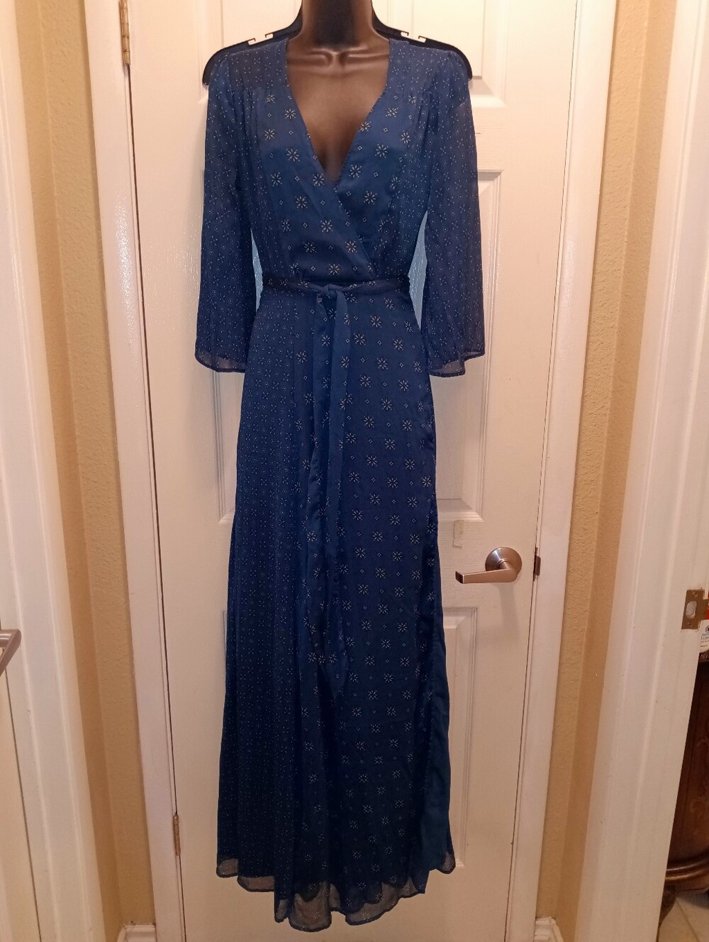 Tularosa Teal Silk Classy Long Sleeve Wrap Maxi Dress